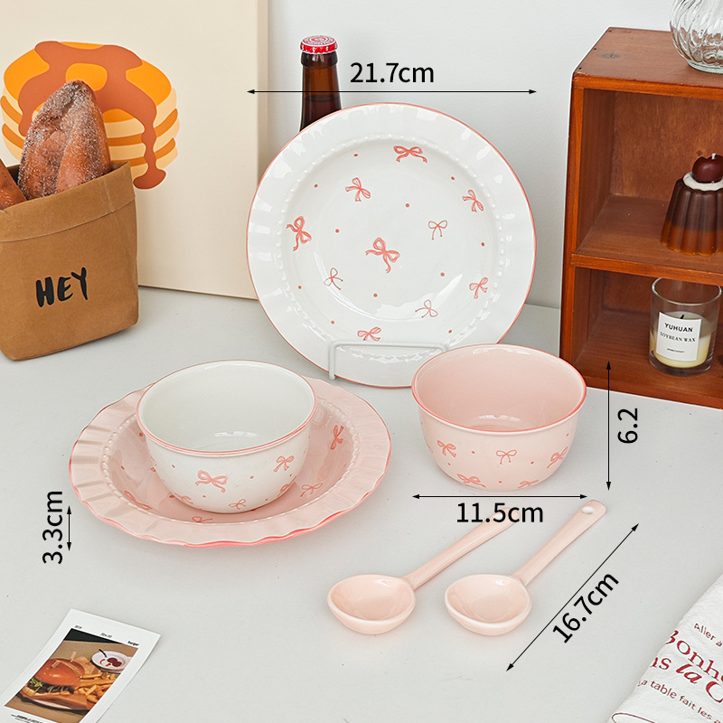 Plato de Cerámica con Moño Decorativo Estilo INS | Vajilla Kawaii Rosa y Blanco para Desayuno, Postre y Hotel | Sets 2-6 Piezas B2B