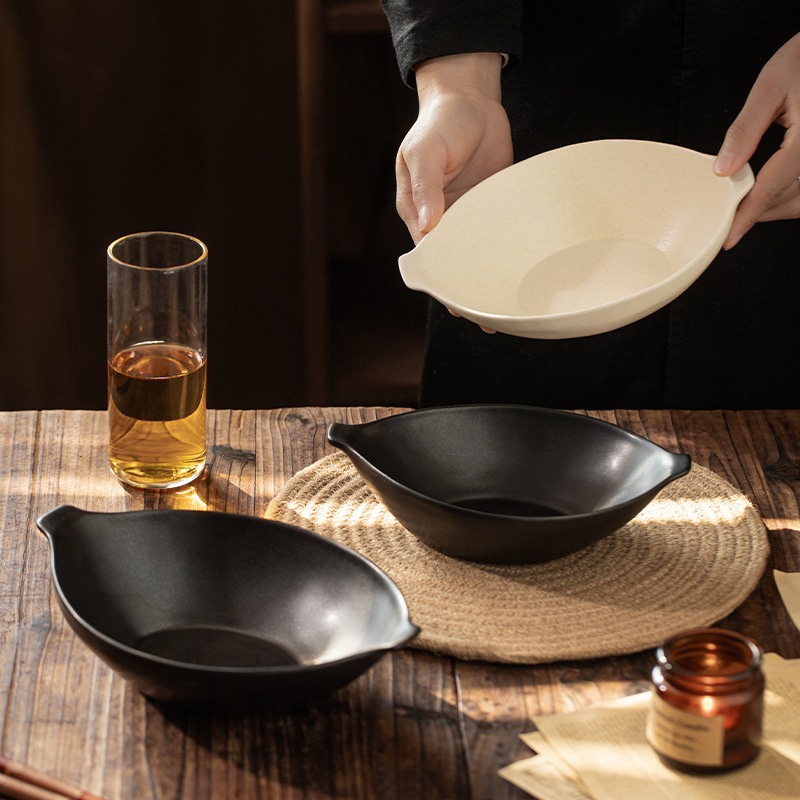 Cuenco Ovalado de Ceramica Gres Estilo Japones Maki-e Kintsugi | Jingdezhen | Doble Asa | Vajilla de Lujo Vintage para Restaurante y Hotel | Mayorista B2B