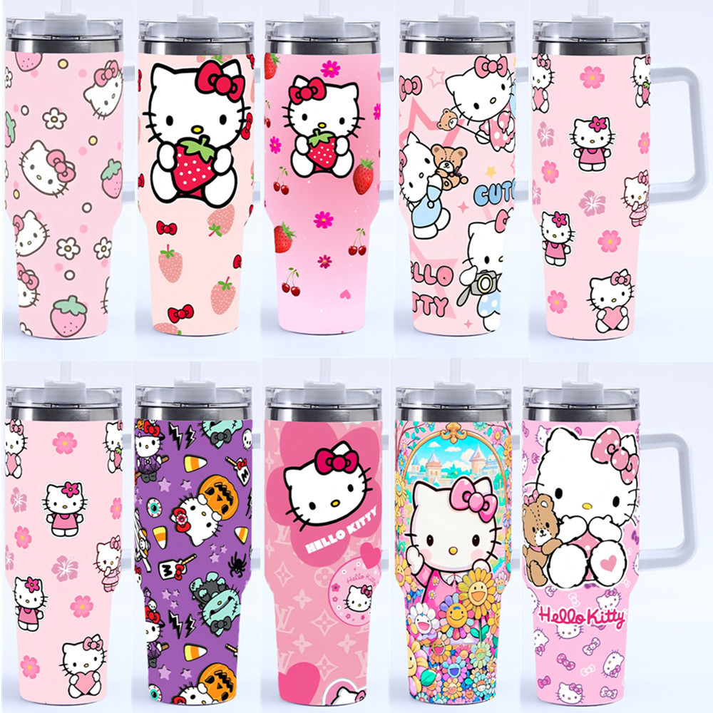 Vaso Térmico Hello Kitty 40OZ de Acero Inoxidable con Asa — Termo Portátil para Auto, Mantiene Frío y Caliente