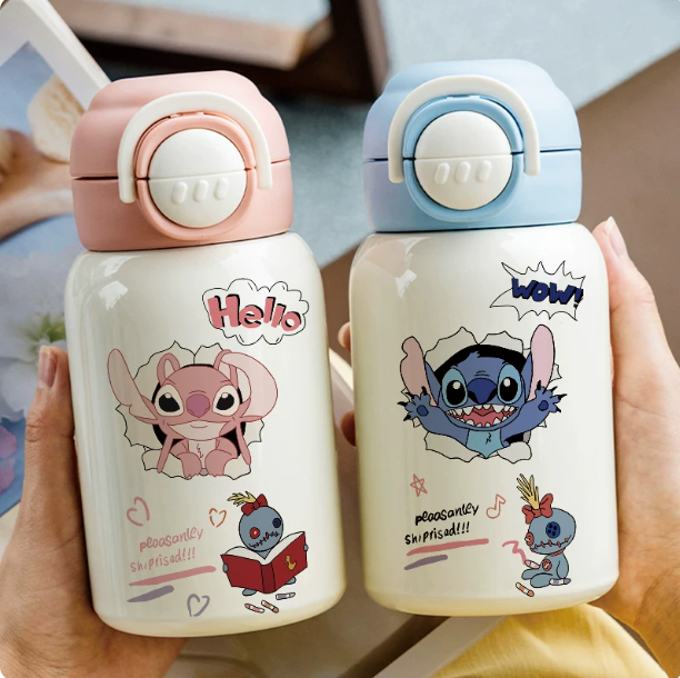 Vaso Térmico Disney Stitch para Niños con Doble Boquilla, Funda y Popote — 450-550 ml