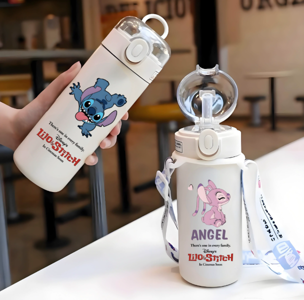 Vaso Térmico Lilo & Stitch con Popote, Tapa de Resorte y Correa — 400 ml, Diseño de Anime