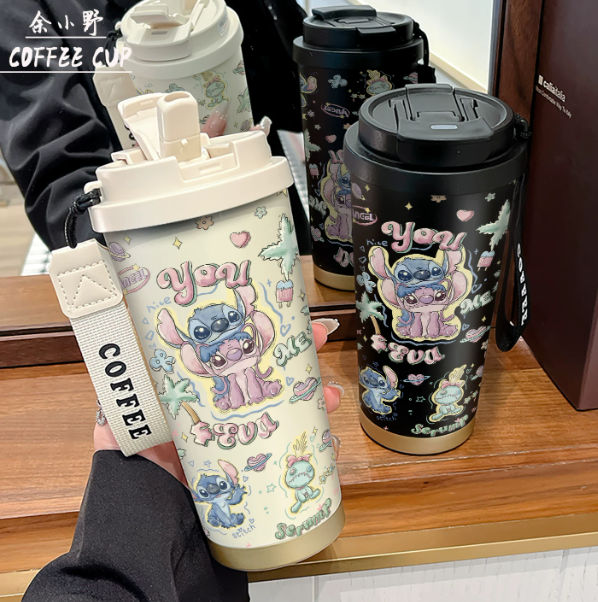 Taza Térmica Stitch 530ml con Pajita y Doble Tapa - Termo de Café de Acero Inoxidable 316 con Caja de Regalo