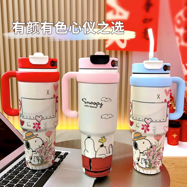 Vaso Térmico Snoopy 1000ml para Coche con Doble Boca - Termo 316 de Acero Inoxidable con Ilustración Hand-Drawn