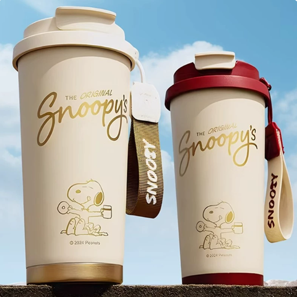 Termo Snoopy Doble Bebida 530 ml para Estudiantes — Vaso Térmico Café con Acero Inoxidable 316 sin Costuras, Pajita y Cordón Portátil