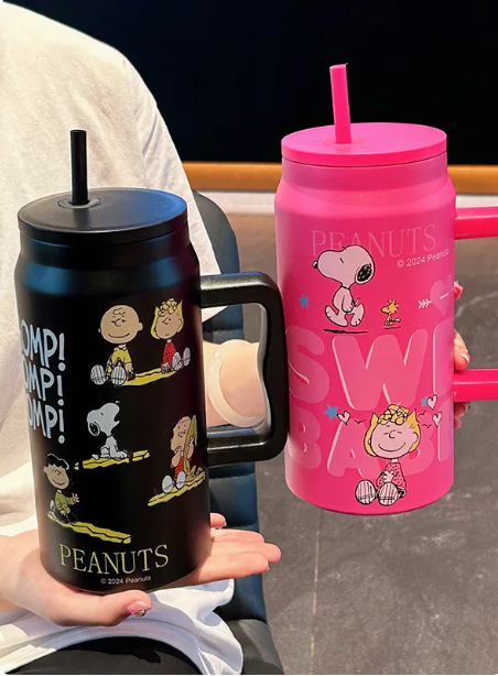 Termo Snoopy de Acero Inoxidable 304 con Pajita 1500 ml | Vaso Térmico Grande con Asa para Oficina y Viaje