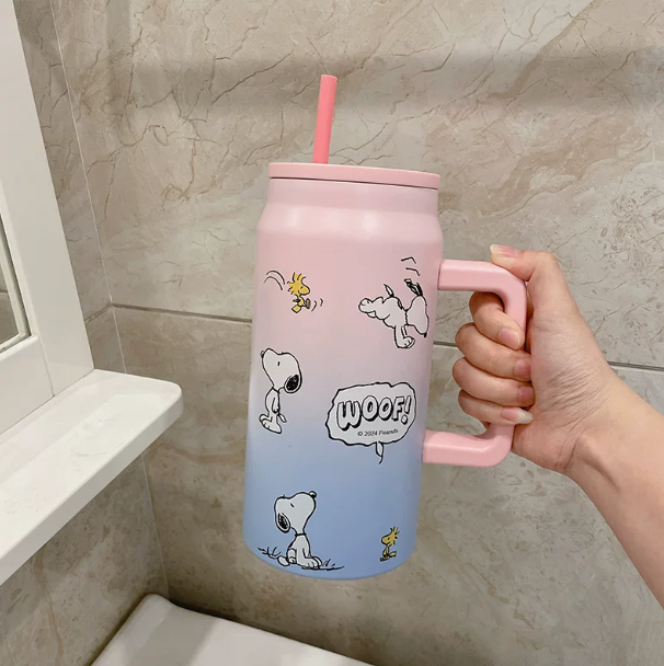 Termo Snoopy C-4308 1500 ml con Asa y Pajita | Vaso Térmico Grande Acero Inoxidable 304 | 11 Colores