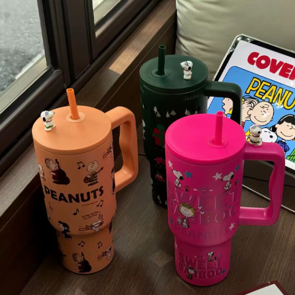 Vaso Térmico Snoopy 900/1200 ml | Termo Grande Acero Inoxidable 304 | Doble Tapa con Pajita y Pico Directo