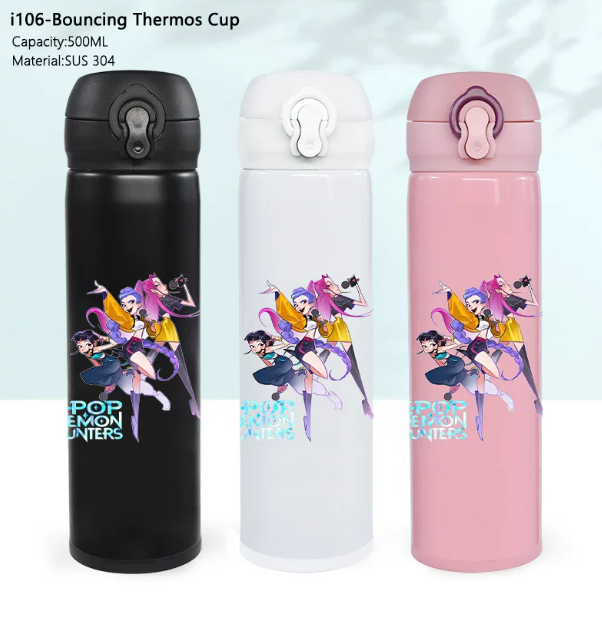 Termo Rebote K-pop Demon Hunters i106 | Vaso Térmico 500 ml con Cierre de Botón | Acero Inoxidable