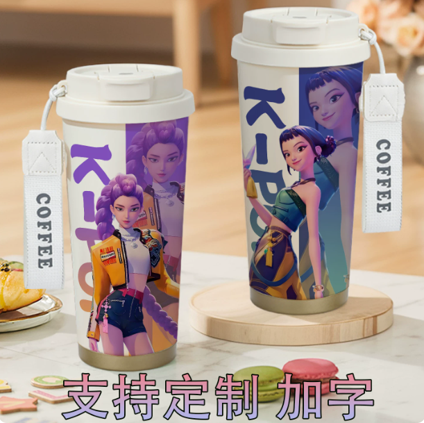 Termo K-pop Demon Hunters 520 ml con Grabado Personalizado | Rumi, Mira y Zoey | Doble Tapa Pajita y Directo