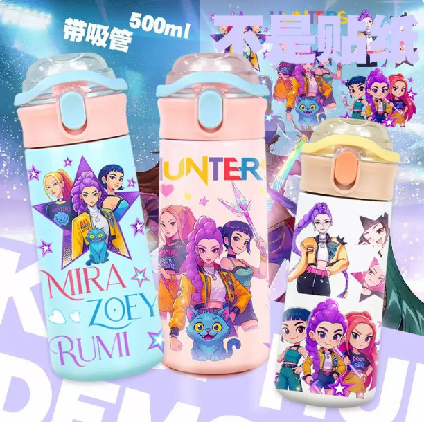 Termo K-Pop: Demon Hunters de gran capacidad en acero inoxidable 304/316L, diseño cute, tapas múltiples