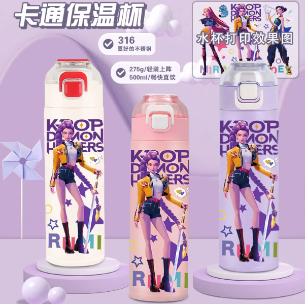 Termo K-Pop: Demon Hunters RUMI ZOEY para niños, acero inoxidable 316, tapa de resorte con bloqueo, 5 colores